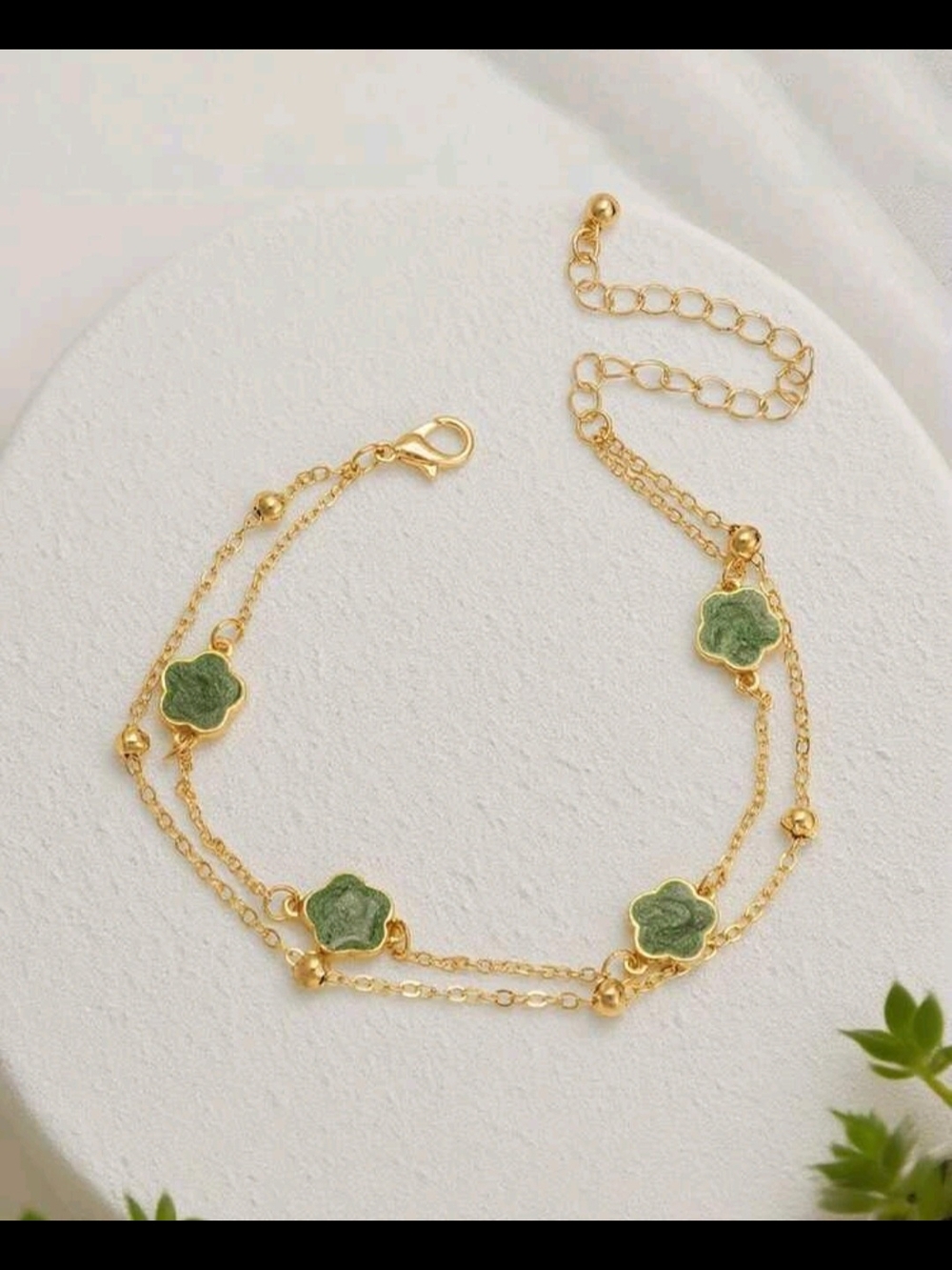 Gold Plated Bracelet with Green Clover Accents
